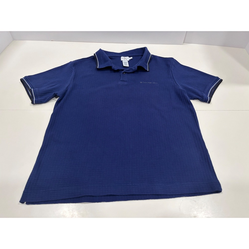 Calvin Klein Jeans Mens Large Blue Textured Short Sleeve Polo Shirt Tipped